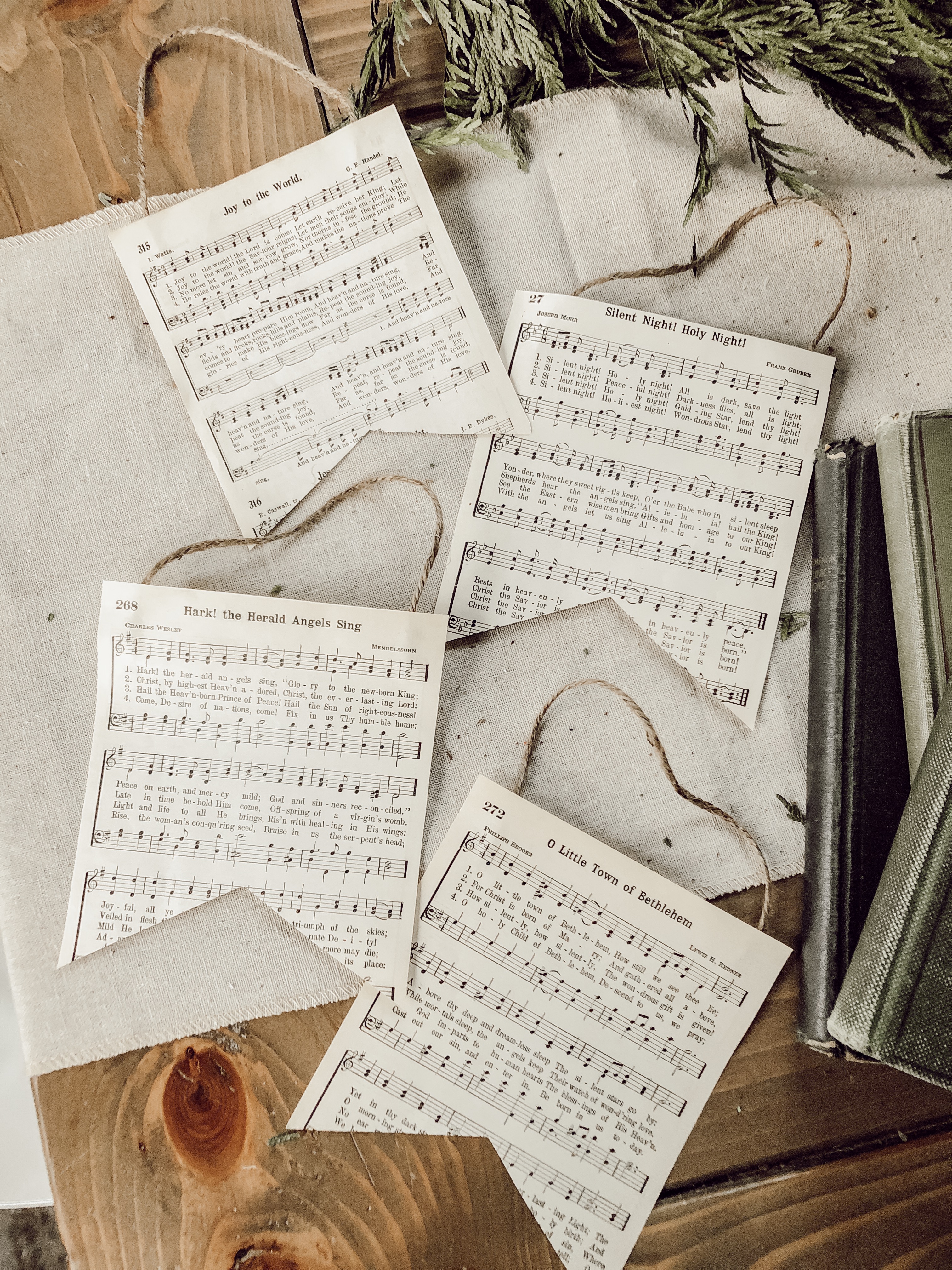 DIY Vintage Hymnal Song Sheet Christmas Tree Ornaments - Rain and Pine